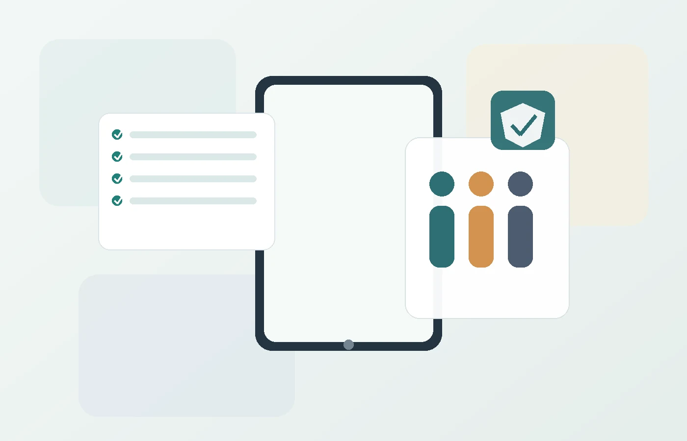 Illustration of a tablet, checklist, and safe application symbols